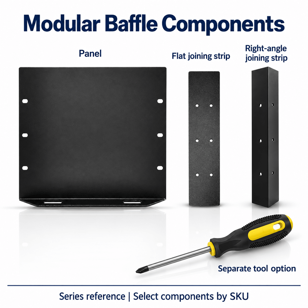 Modular Baffle Panels, Joining Strips and Assembly Tool — English reference illustration