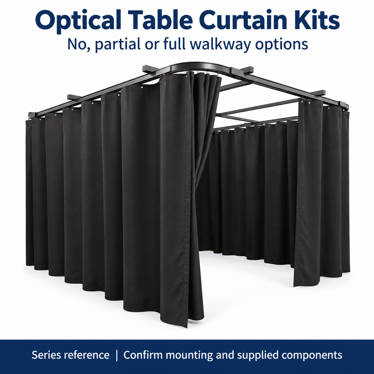 Curtain and Overhead-Track Kits for 1 m × 2 m Optical Tables — English reference illustration