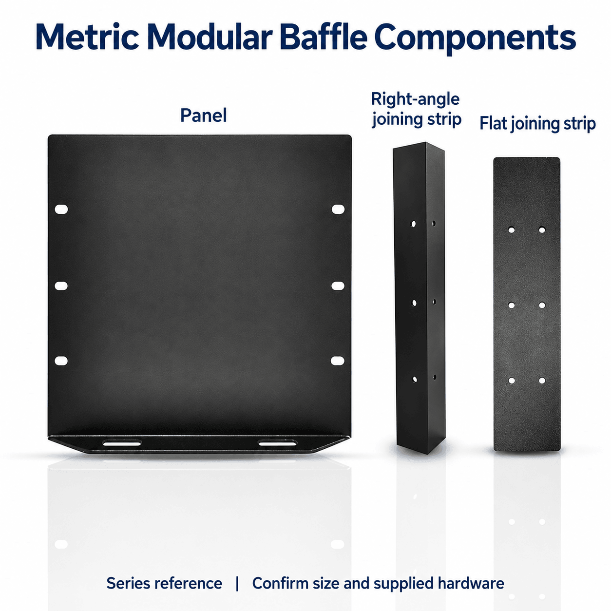 Metric Modular Baffle Panels and Joining Strips — English reference illustration