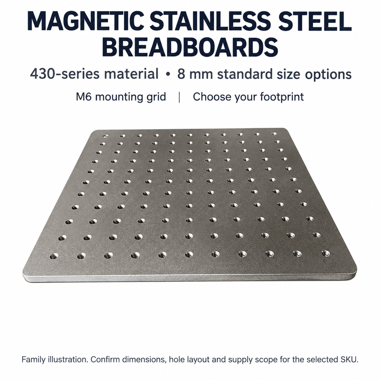 430 Series Magnetic Stainless Steel Optical Breadboards, 8 mm — English reference illustration