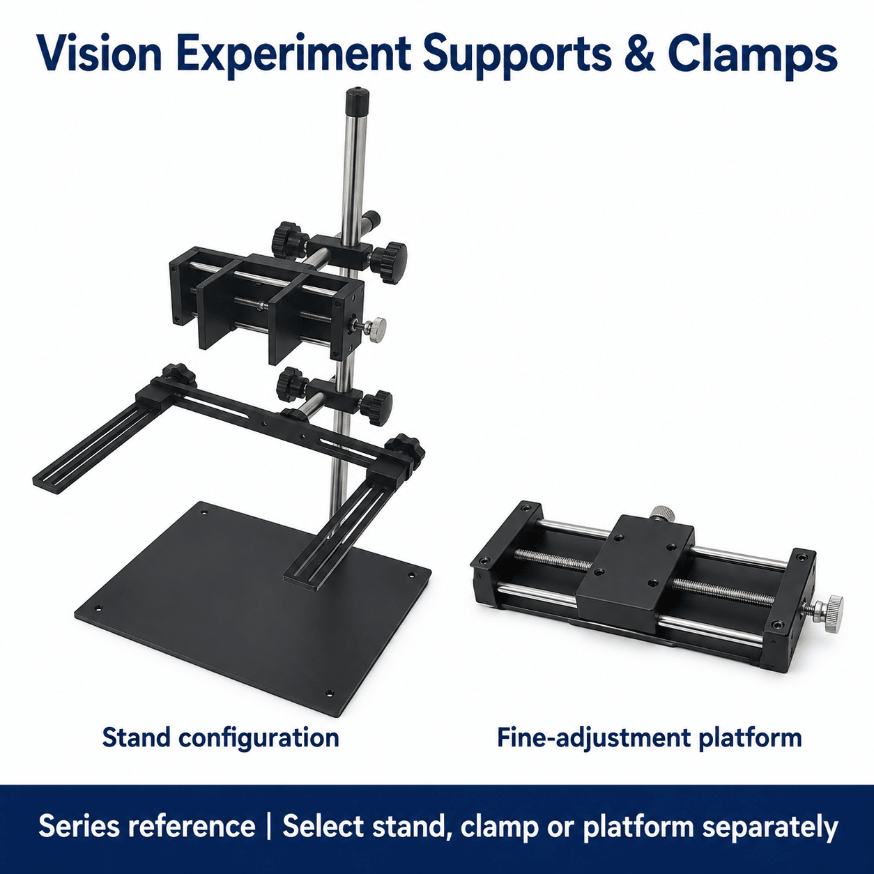 Vision Test Stands, Camera Clamps and Adjustment Platforms — English reference illustration