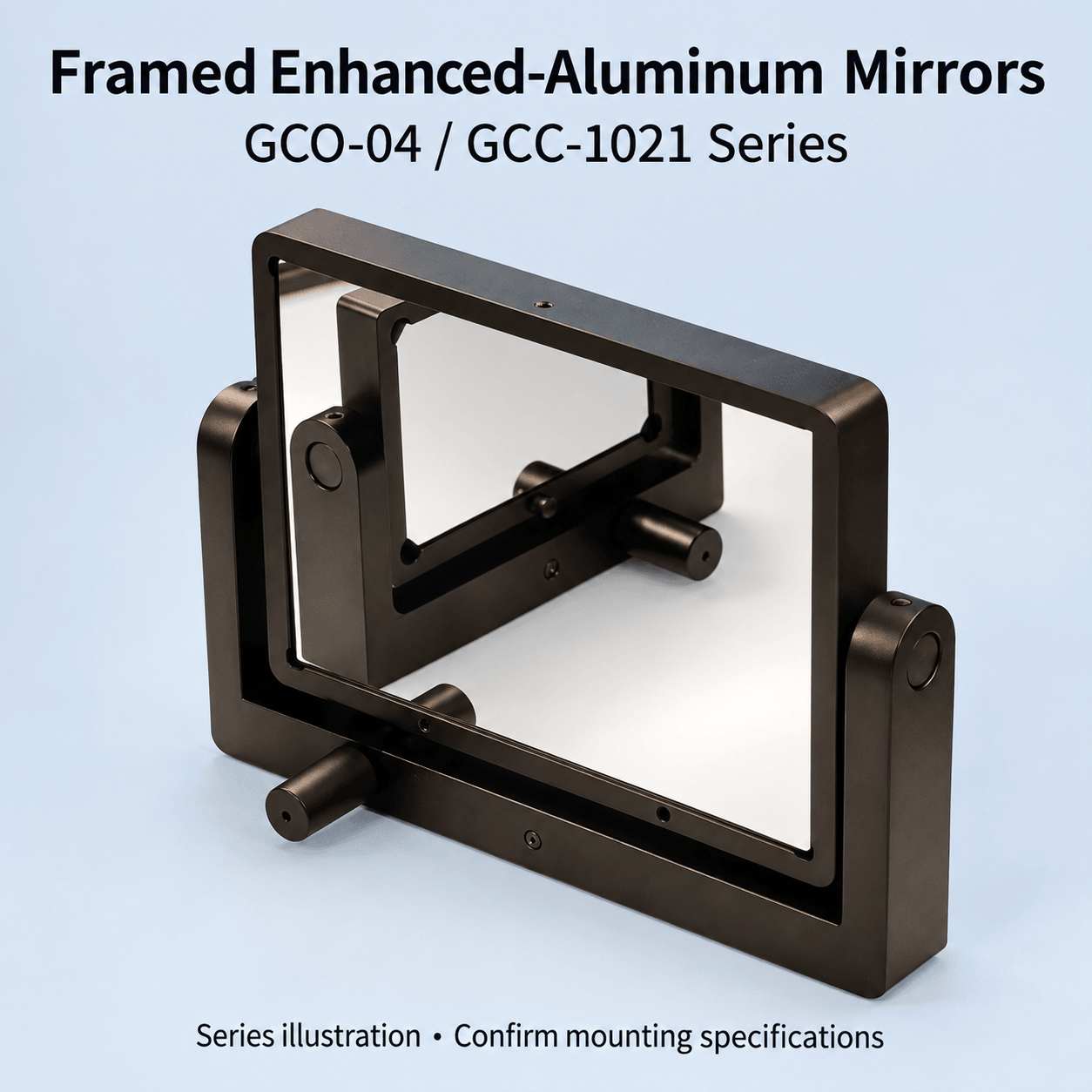 GCO-04 / GCC-1021 Series Framed Enhanced-Aluminum Mirrors — English reference illustration