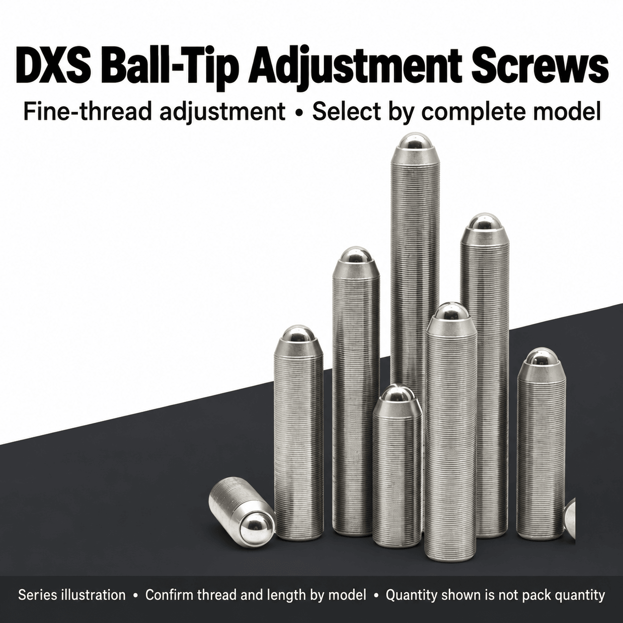 DXS M4 × 0.25 Ball-Tip Fine-Adjustment Screws — English reference illustration
