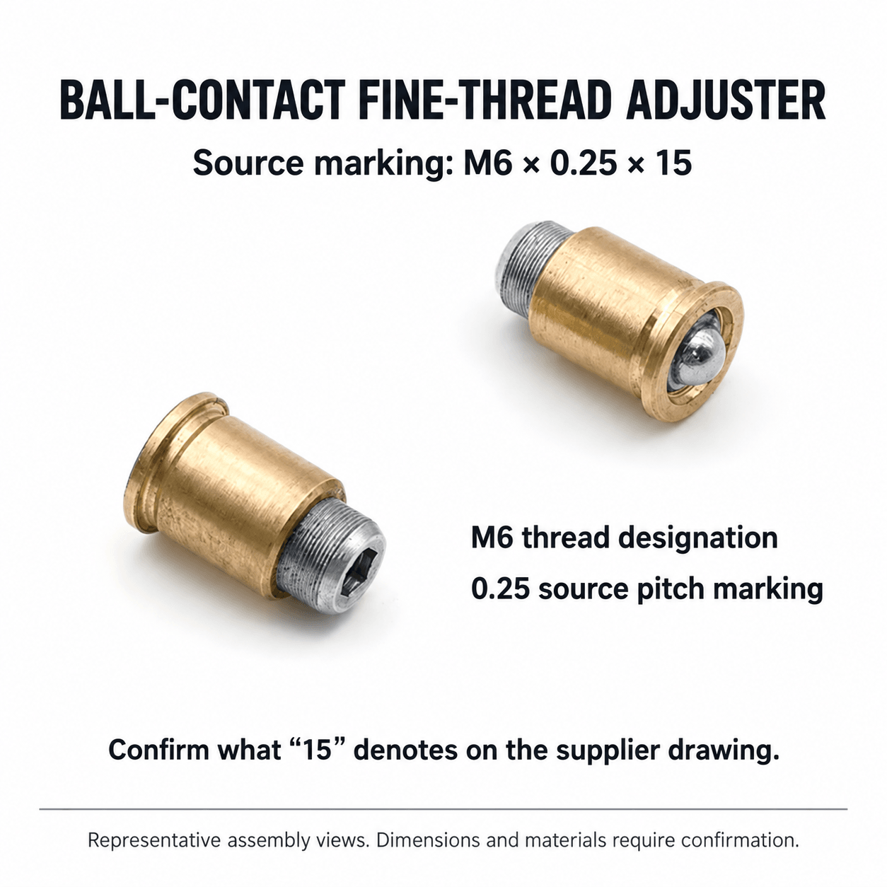 M6 × 0.25 × 15 Ball-Contact Fine-Thread Adjuster Assembly — English reference illustration