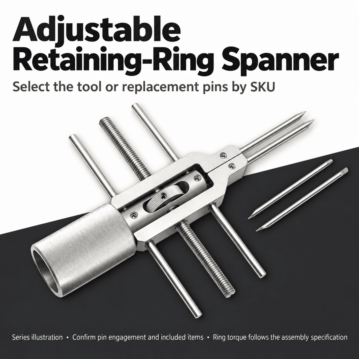 Adjustable Retaining-Ring Spanner and Replacement Pins — English reference illustration