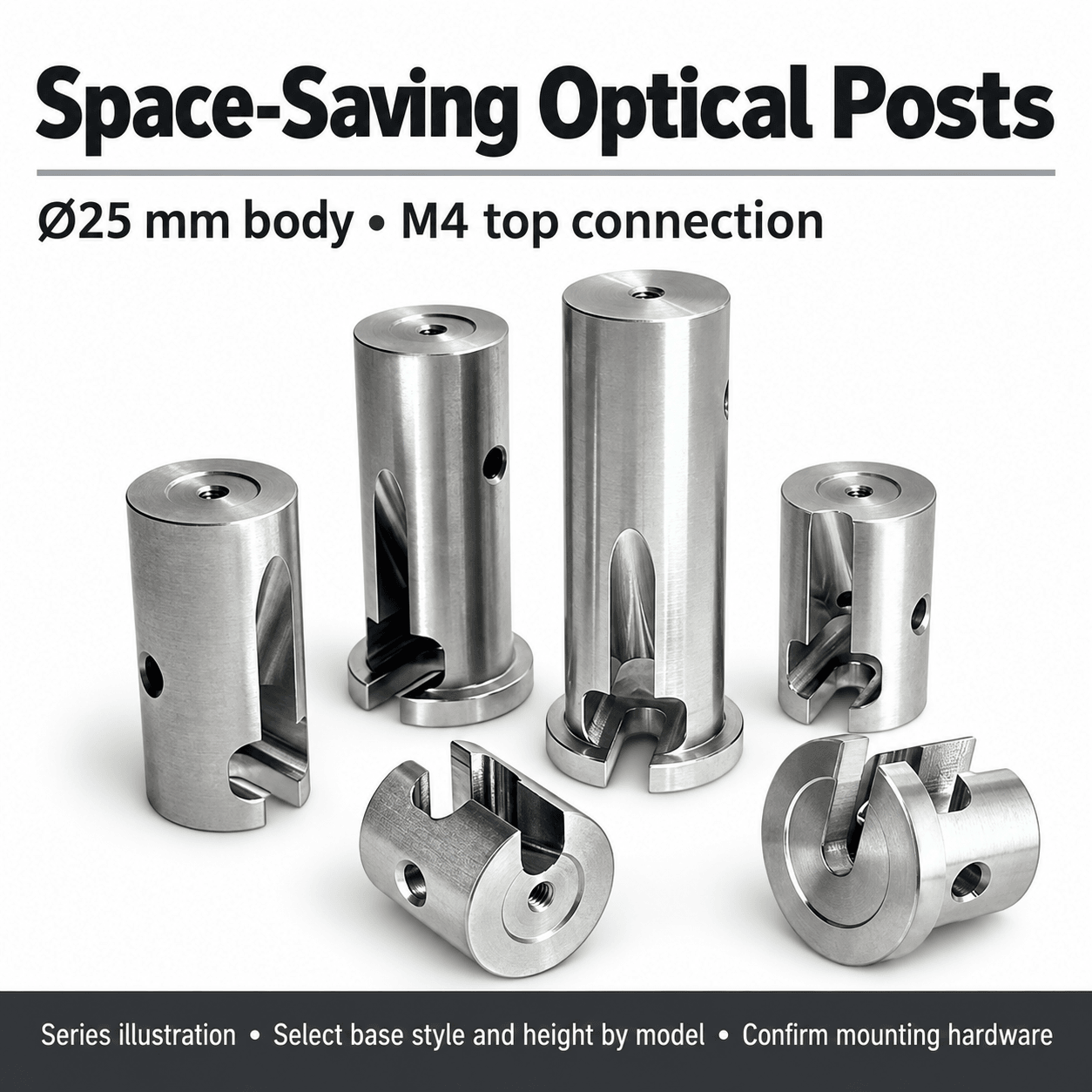 ZGA-W25 / ZGA-S25 Space-Saving Optical Posts — English reference illustration