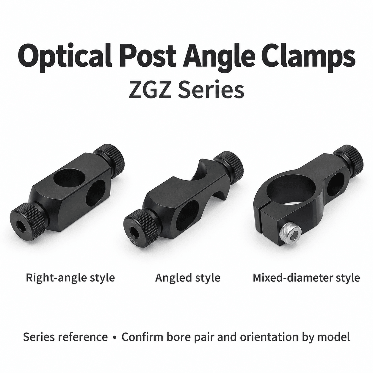 ZGZ 45° and 90° Optical Post Angle Clamps — English reference illustration