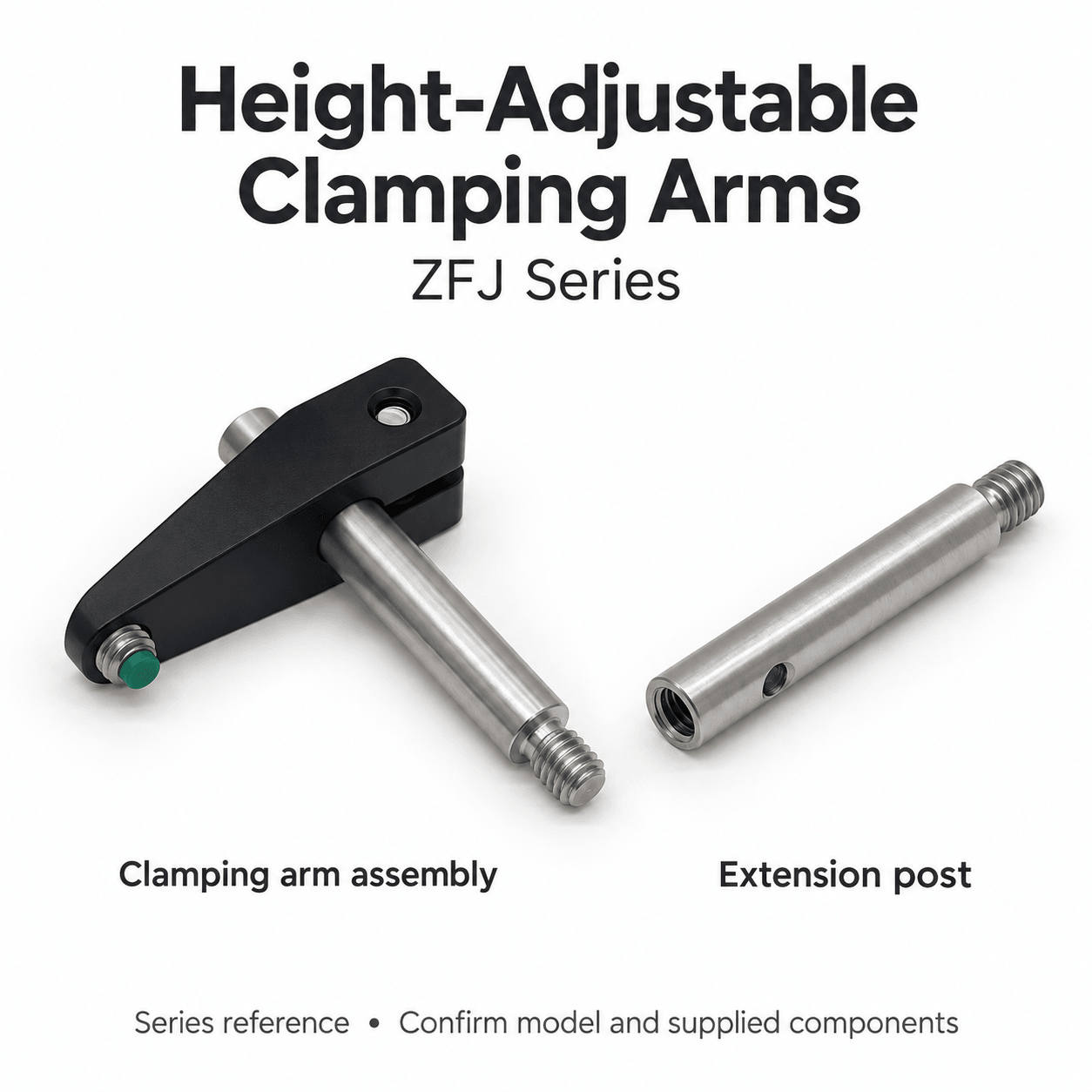 ZFJ Height-Adjustable Clamping Arms and Extension Posts — English reference illustration