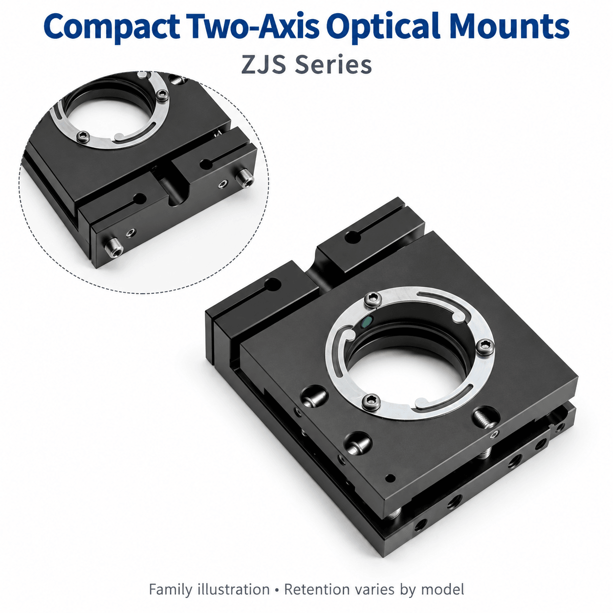 ZJS Compact Two-Axis Optical Mounts — English reference illustration