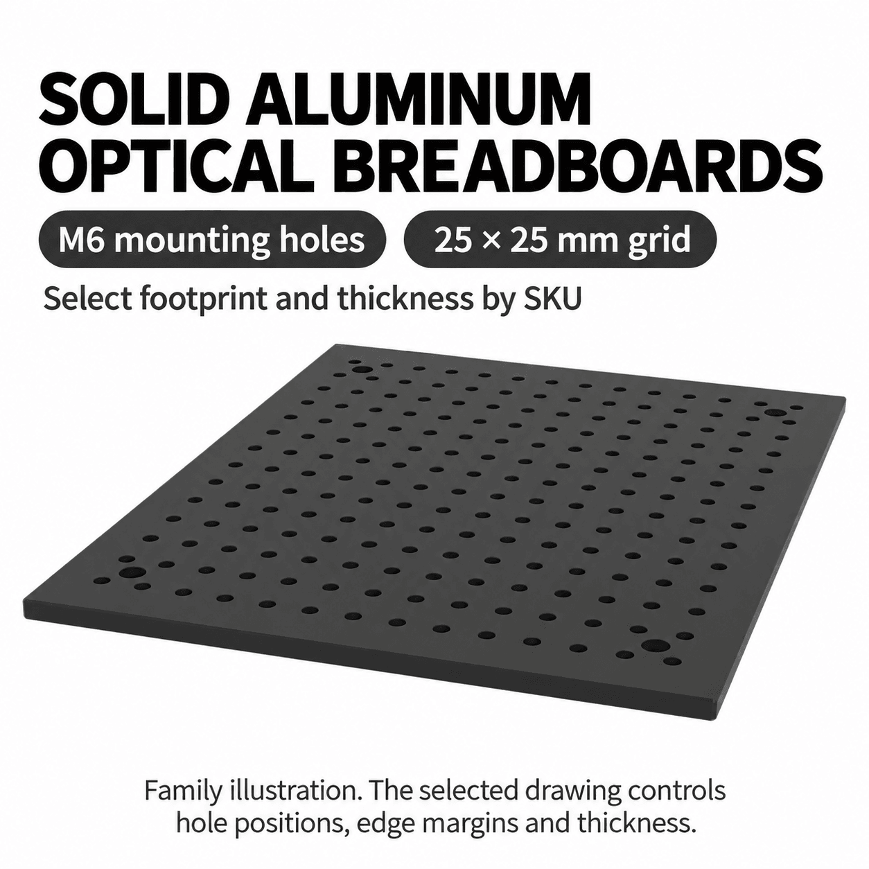 Solid Aluminum Optical Breadboards on a 25 mm Grid — English reference illustration