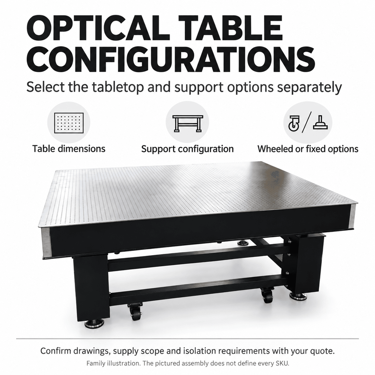 Steel-Core Optical Tables and Support Options — English reference illustration